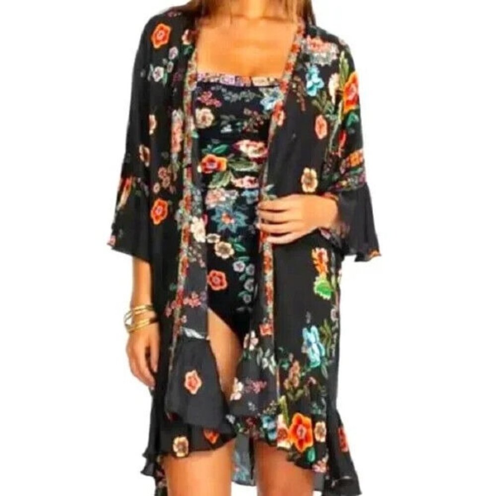 Johnny Was Womens Norah Ruffle Kimono Reversible Ruffle Trim Silk‎ Blend Small